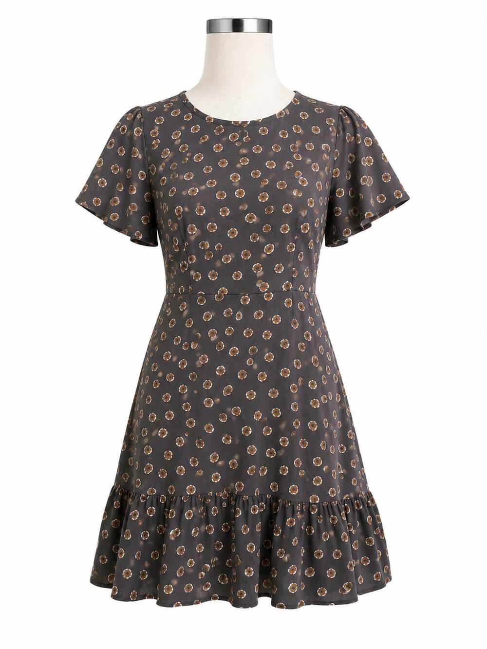 LOFT Gray Floral Print Ruffle Hem Flutter Sleeve Dress - Size M
